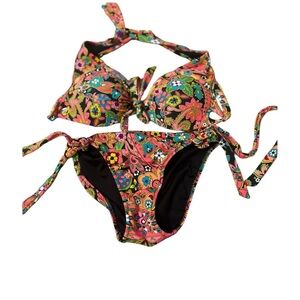 Victoria's Secret Black and Pink Floral Bikini Top 34 A and bottoms small